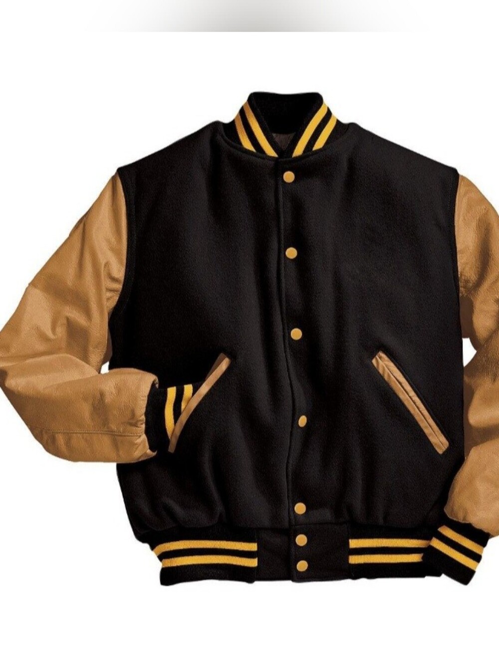 New Mens Holloway Black And Gold Varsity Jacket Letterman 2XL Leather Sleeves
